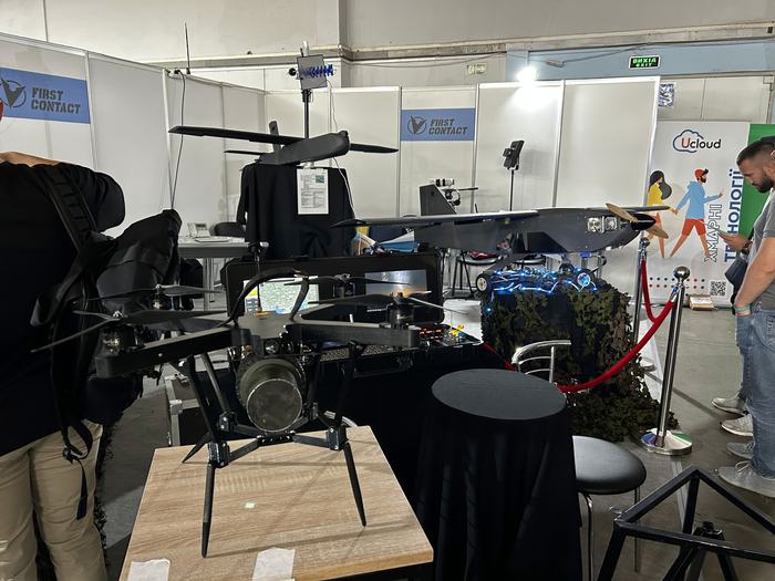 Drone systems at a defense technology expo