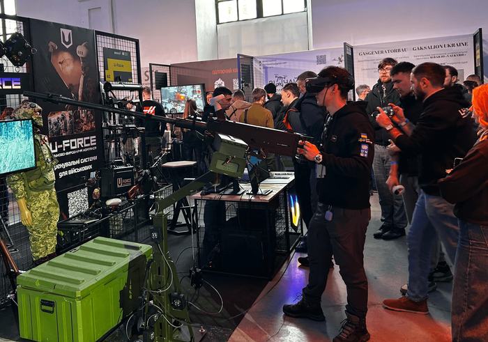 Drones on display at a Ukrainian defense exhibition