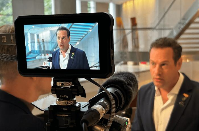 On-camera interview at a defense tech event